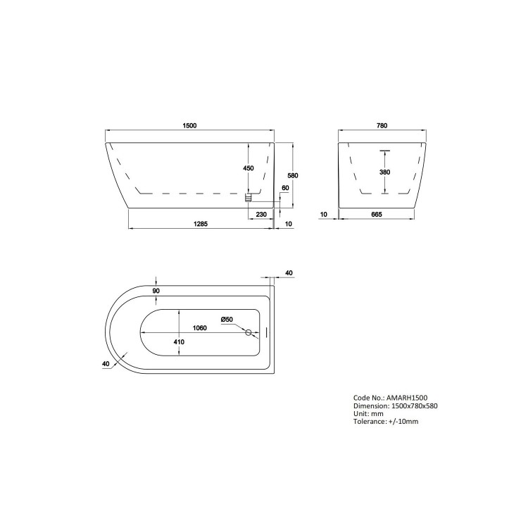 Freestanding Shower Bath Single Ended Right Hand Corner with Brass Bath Screen 1500 x 800mm - Amaro