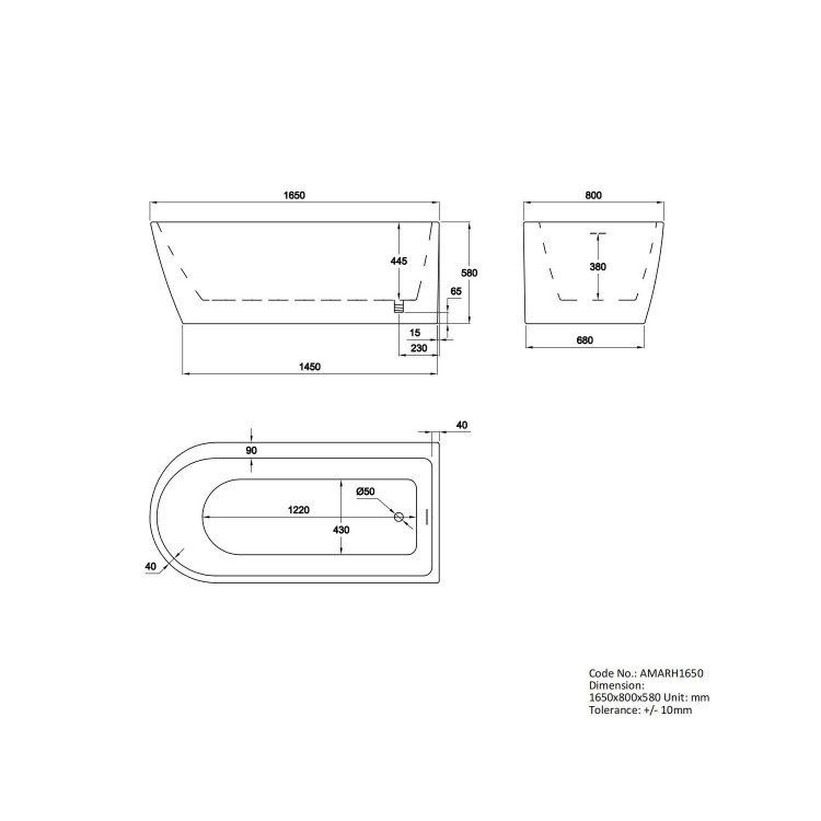 Freestanding Shower Bath Single Ended Right Hand Corner with Black Bath Screen 1650 x 800mm - Amaro