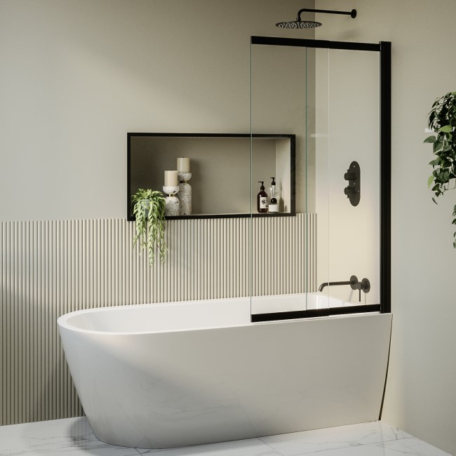 Freestanding Single Ended Right Hand Corner Shower Bath with Black Sliding Bath Screen 1650 x 800mm - Amaro