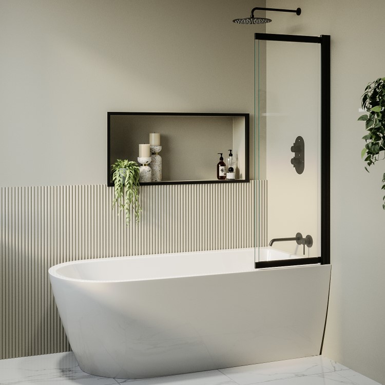 Grade A1 - Freestanding Single Ended Right Hand Corner Shower Bath with Black Sliding Bath Screen 1650 x 800mm - Amaro