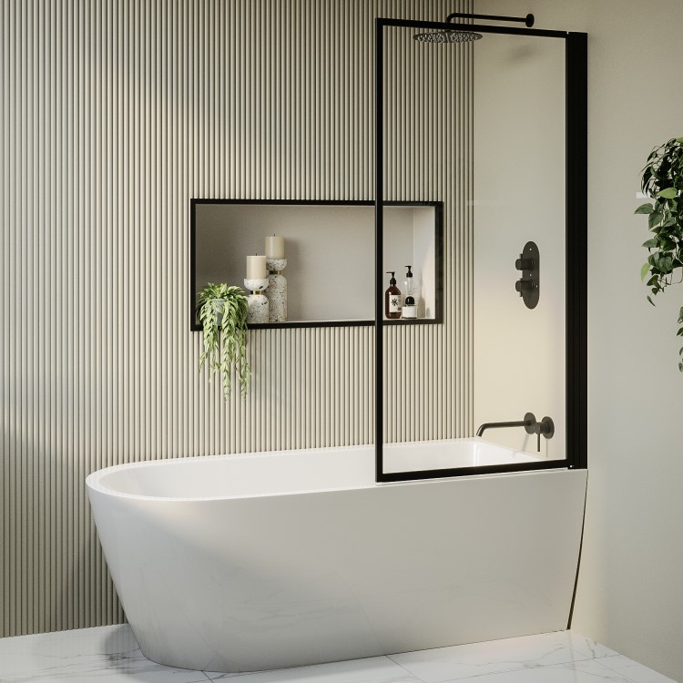 Grade A2 - Freestanding Single Ended Right Hand Corner Shower Bath with Black Bath Screen 1650 x 800mm - Amaro