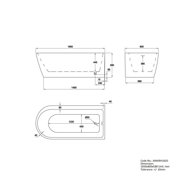 Freestanding Single Ended Right Hand Corner Shower Bath with Black Bath Screen 1650 x 800mm - Amaro