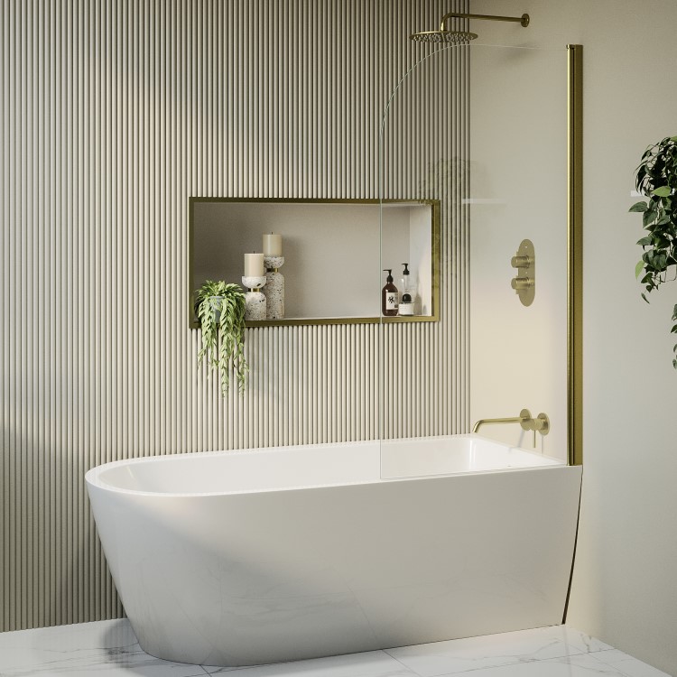 Grade A2 - Freestanding Shower Bath Single Ended Right Hand Corner with Brass Bath Screen 1650 x 800mm - Amaro