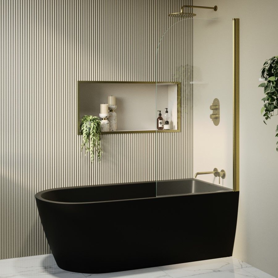 Matt Black Freestanding Shower Bath Single Ended Right Hand Corner with Brass Bath Screen 1650 x 800mm - Amaro