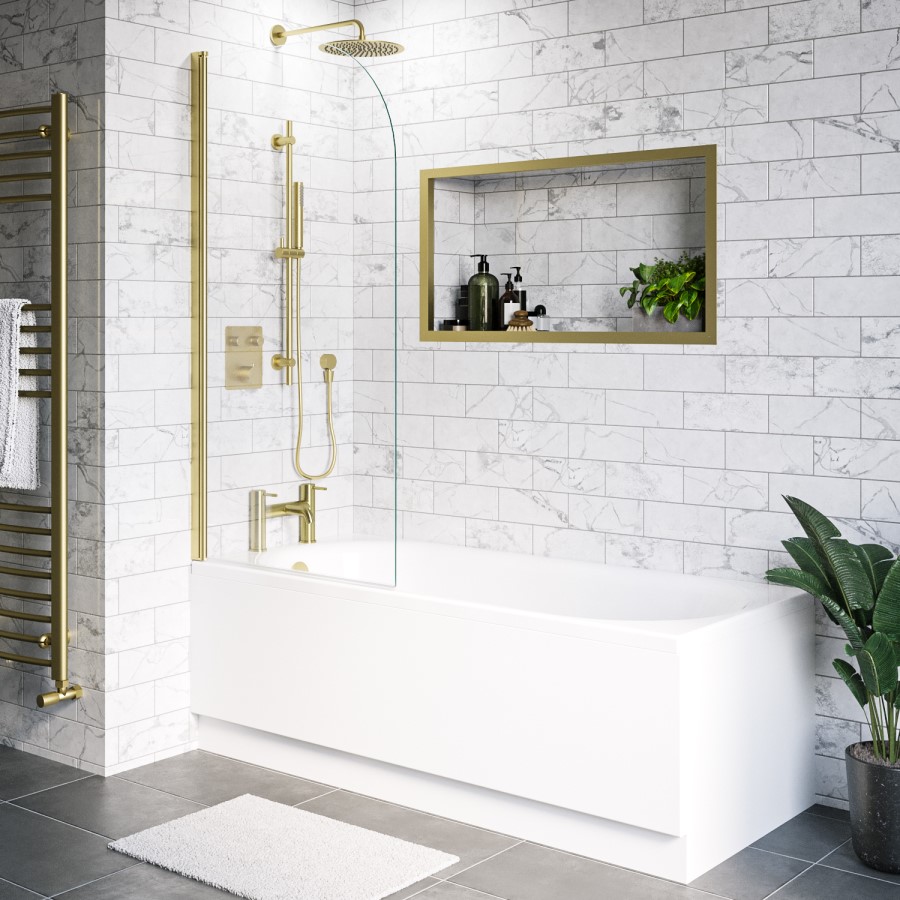 ONLY OPENED - Freestanding Shower Bath Single Ended Left Hand Corner with Brushed Brass Bath Screen 1700 x 750mm - Vigo