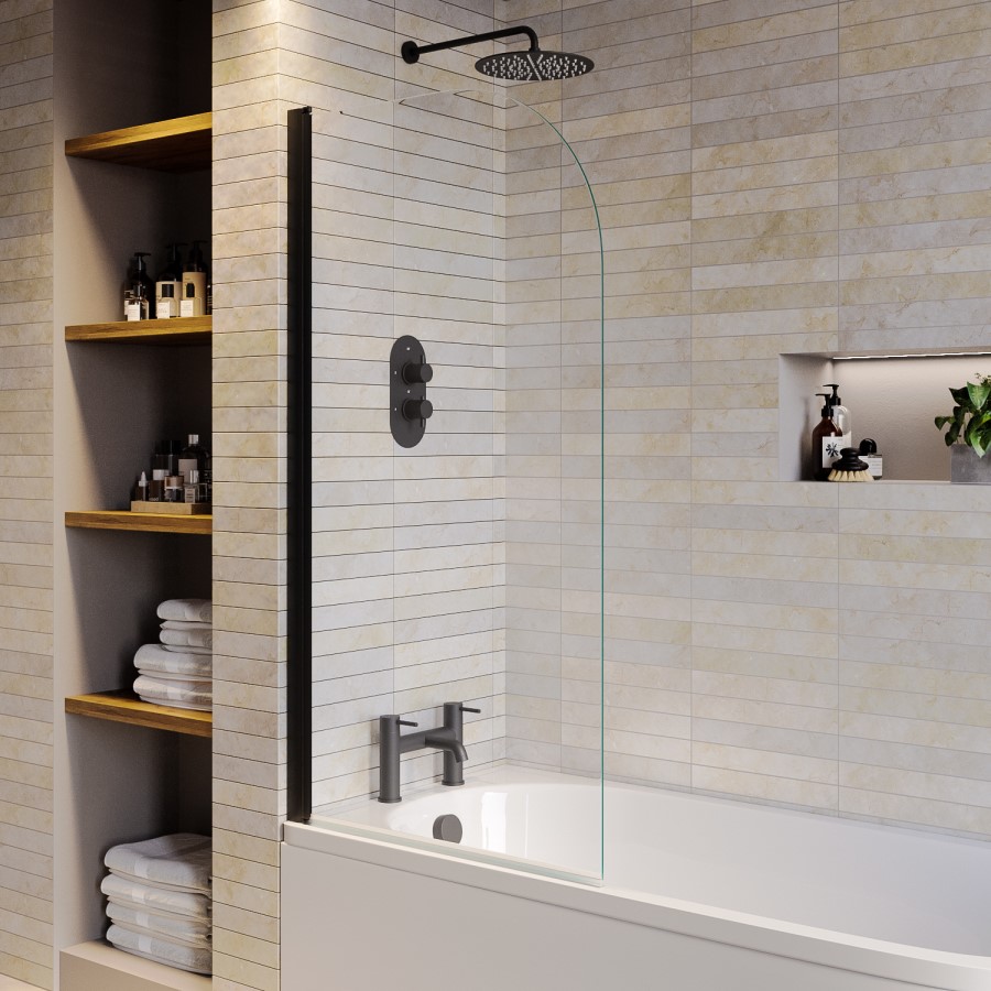 Freestanding Shower Bath Single Ended Right Hand Corner with Black Bath Screen 1800 x 800mm - Amaro