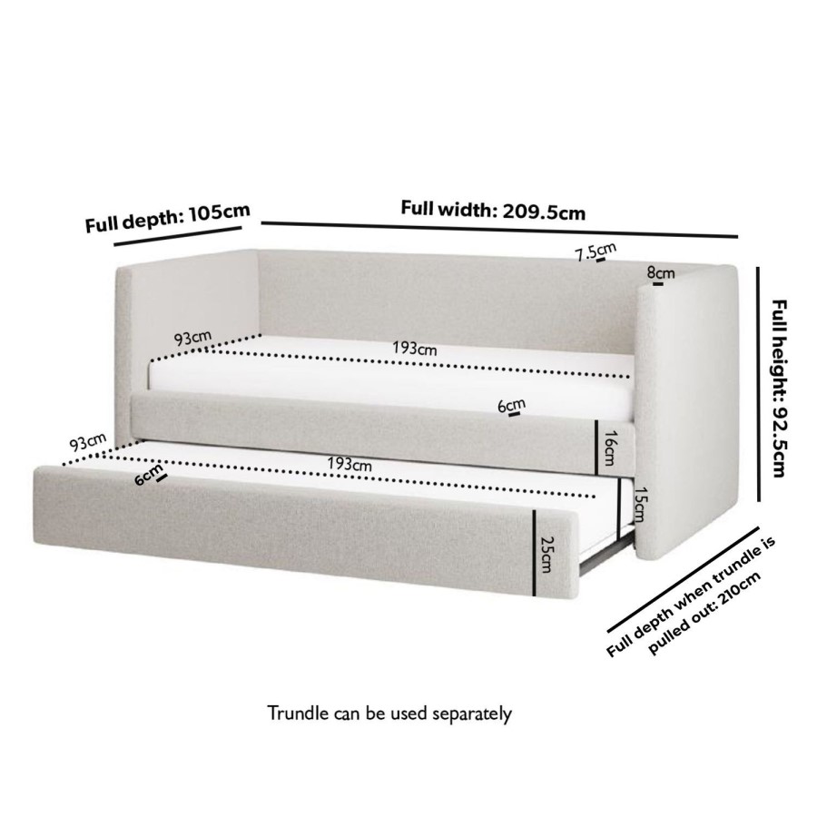 Single Day Bed with Pull Out Trundle in Cream Fabric - Amie