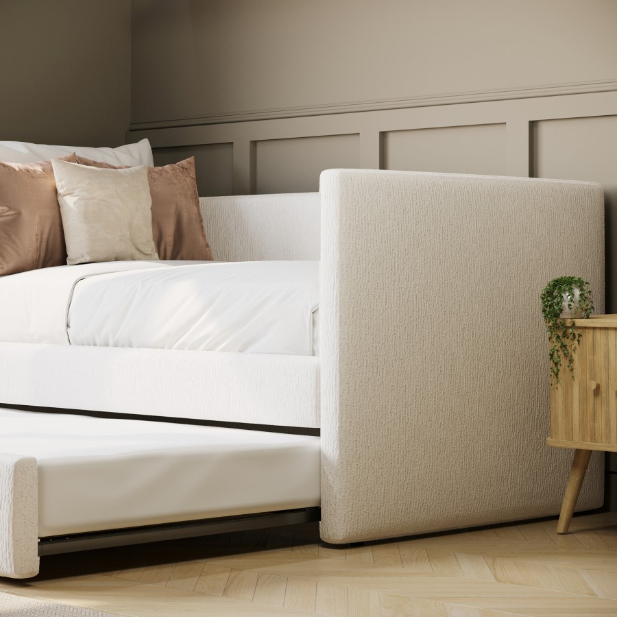 Single Day Bed with Pull Out Trundle in Cream Fabric - Amie