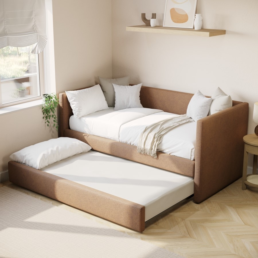 Chenille Single Day Bed with Pull Out Trundle in Burnt Orange - Amie