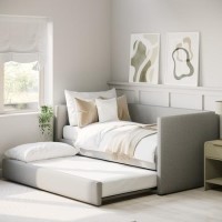 Single Day Bed with Pull Out Trundle in Light Grey Fabric - Amie