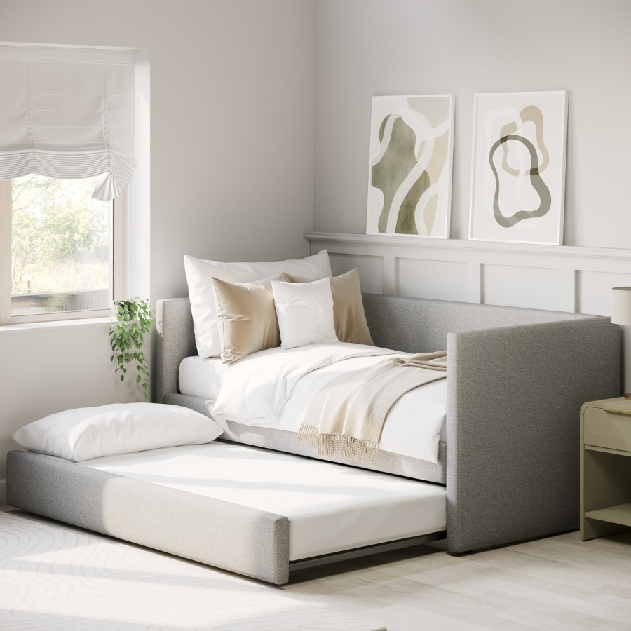 Single Day Bed with Pull Out Trundle in Light Grey Fabric - Amie