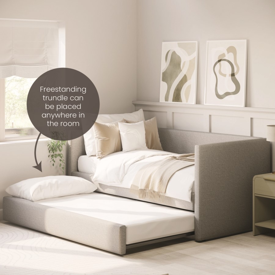 Single Day Bed with Pull Out Trundle in Light Grey Fabric - Amie