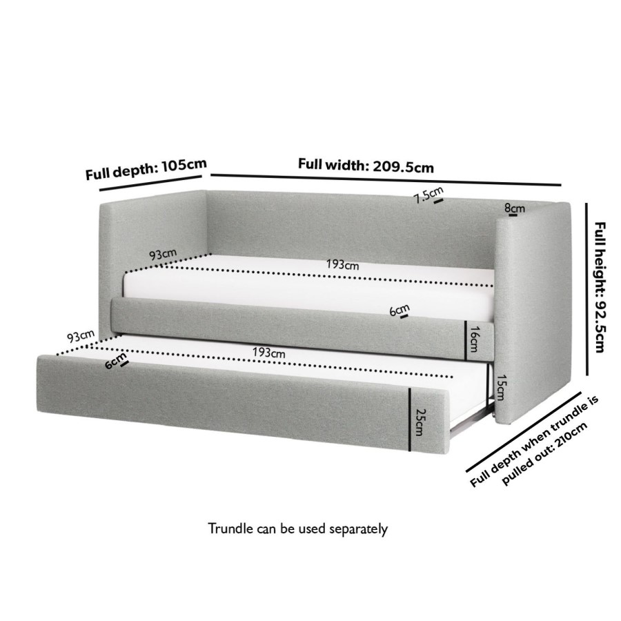 Single Day Bed with Pull Out Trundle in Light Grey Fabric - Amie