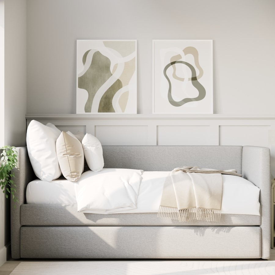 Single Day Bed with Pull Out Trundle in Light Grey Fabric - Amie