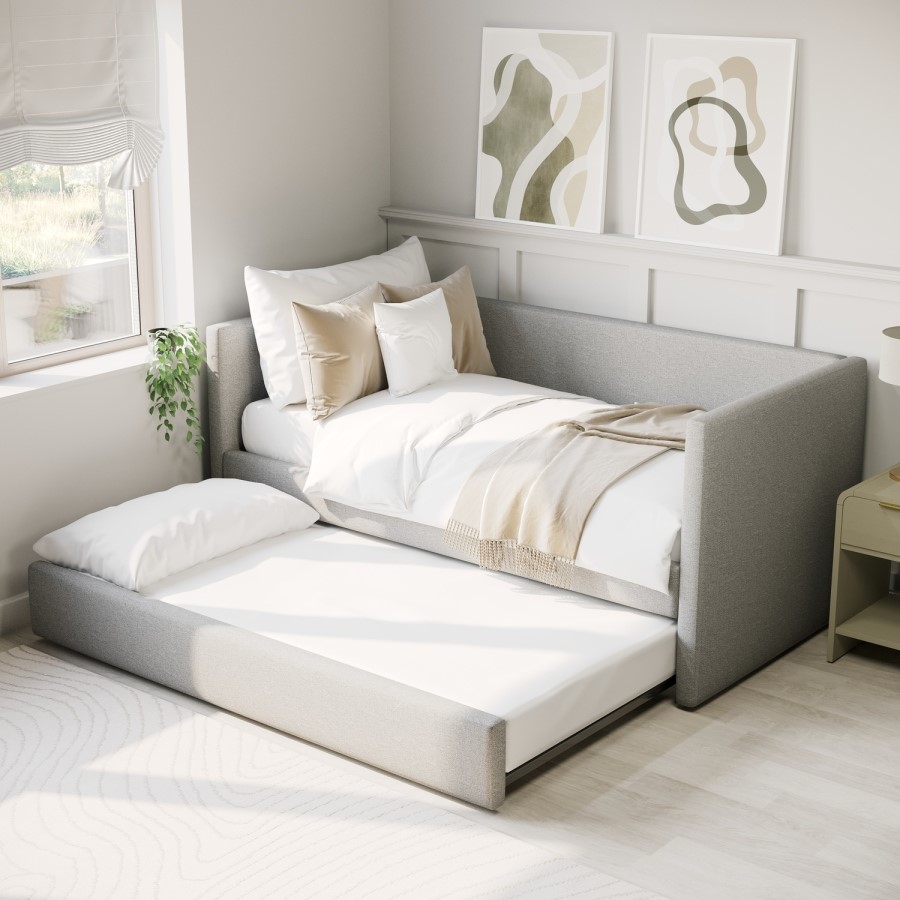 Single Day Bed with Pull Out Trundle in Light Grey Fabric - Amie