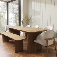 Large Weathered Oak Extendable Dining Table Set with 5 Beige Upholstered Curved Dining Chairs & 1 Bench - Mia