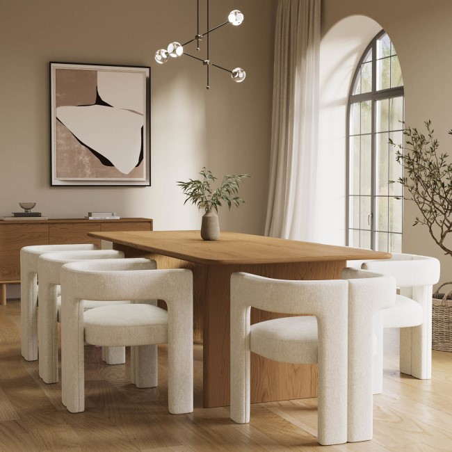 Extra Large Weathered Oak Dining Table Set with 8 White Boucle Curved Chairs - Mia