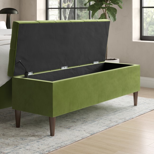 Olive Green Velvet King Size Ottoman Bed with Blanket Box - Amara