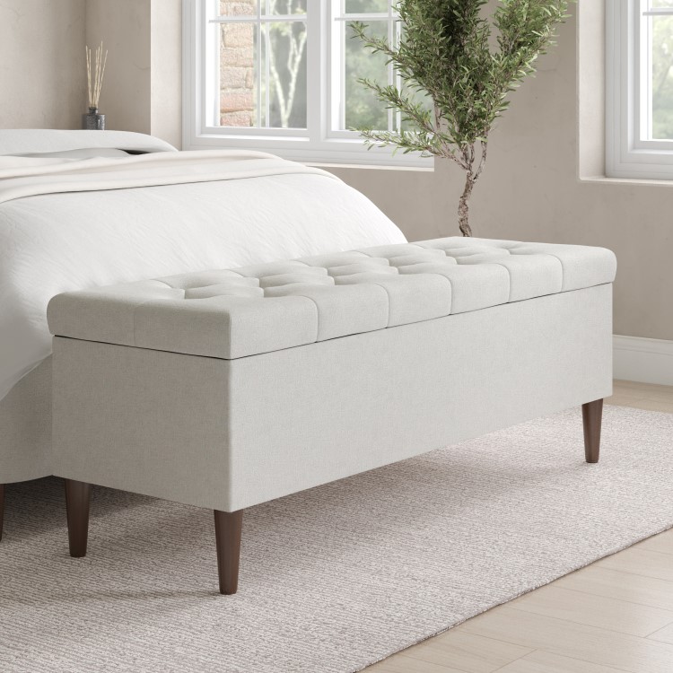 Cream Upholstered King Size Ottoman Bed with Blanket Box - Amara