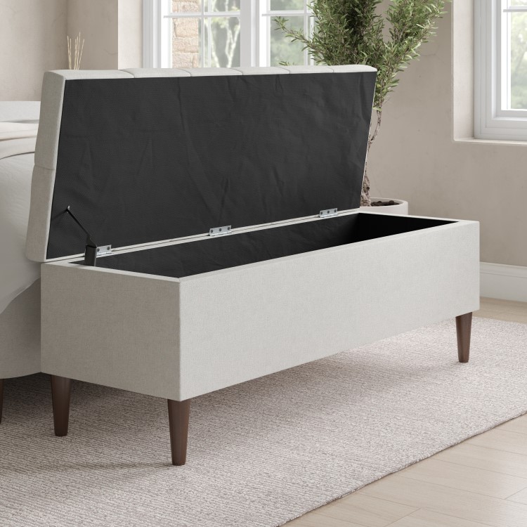 Cream Upholstered King Size Ottoman Bed with Blanket Box - Amara