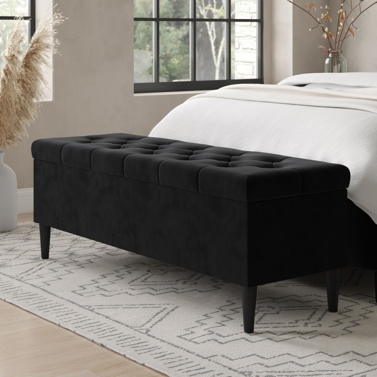 Cushioned Ottoman Storage Bench in Black Velvet - Amara