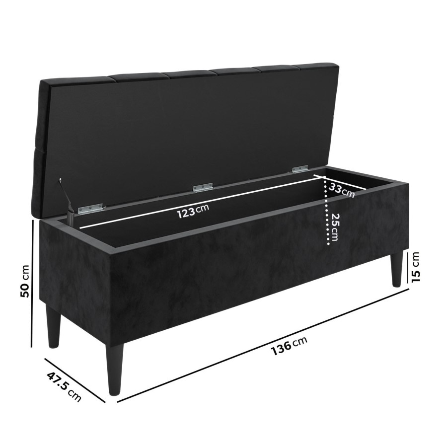 Black Velvet Ottoman Hallway Bench with Storage - Amara