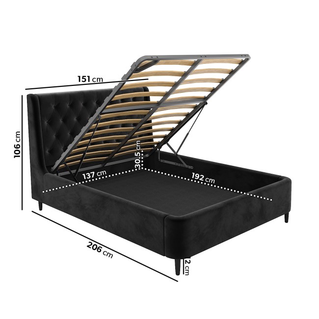 Black Velvet Double Ottoman Bed with Blanket Box - Amara