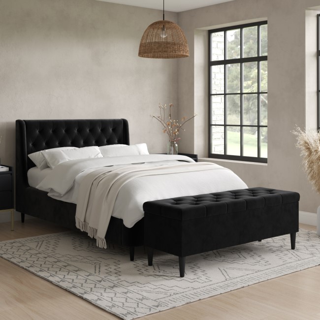 Black Velvet King Size Ottoman Bed with Blanket Box - Amara