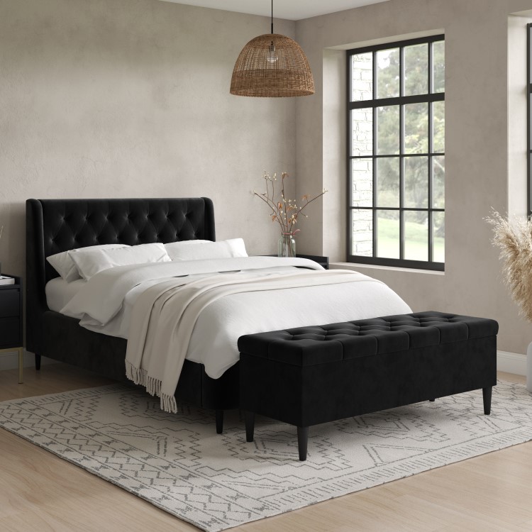 Black Velvet Double Ottoman Bed with Blanket Box - Amara