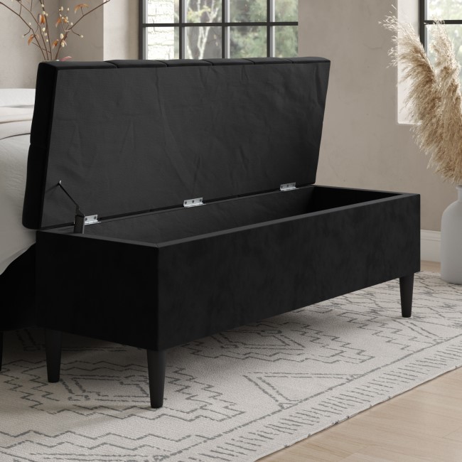 Black Velvet King Size Ottoman Bed with Blanket Box - Amara