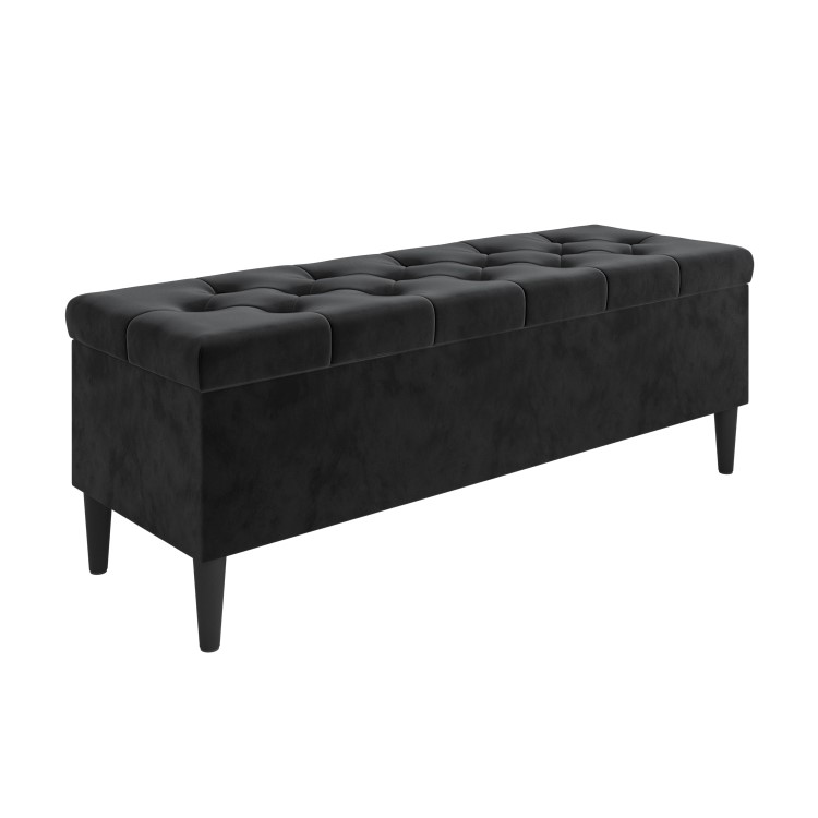 Cushioned Ottoman Storage Bench in Black Velvet - Amara