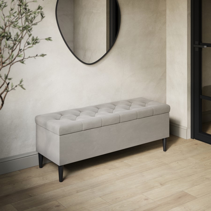 Beige Velvet Ottoman Hallway Bench with Storage - Amara