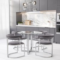 Round Glass Dining Table with 4 Grey Velvet Cantilever Dining Chairs - Alana Boutique
