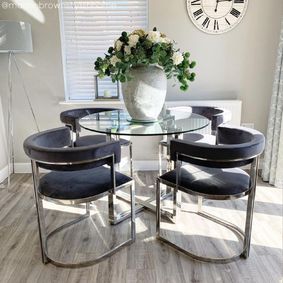 Round Glass Dining Table with 4 Grey Velvet Cantilever Dining Chairs - Alana Boutique