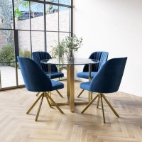 Round Glass Table with Gold Legs & 4 Navy Velvet Swivel Dining Chairs - Alana Boutique