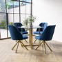 Round Glass Table with Gold Legs & 4 Navy Velvet Swivel Dining Chairs - Alana Boutique