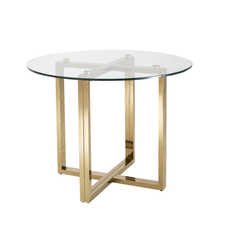 Round Glass Table with Gold Legs & 4 Navy Velvet Swivel Dining Chairs - Alana Boutique