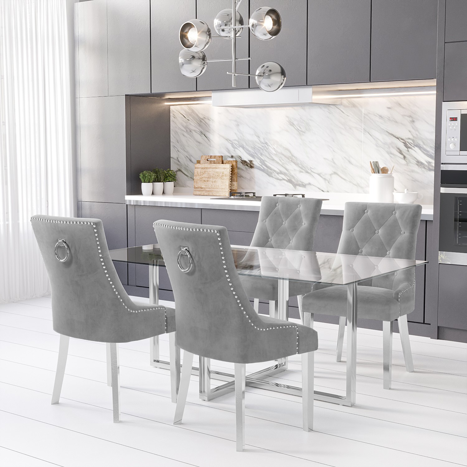 Rectangle Glass Top Dining Table with 4 Grey Velvet Dining Chairs ...