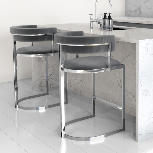 Set of 2 Grey Velvet Kitchen Stools with Backs - 66cm - Alana Boutique