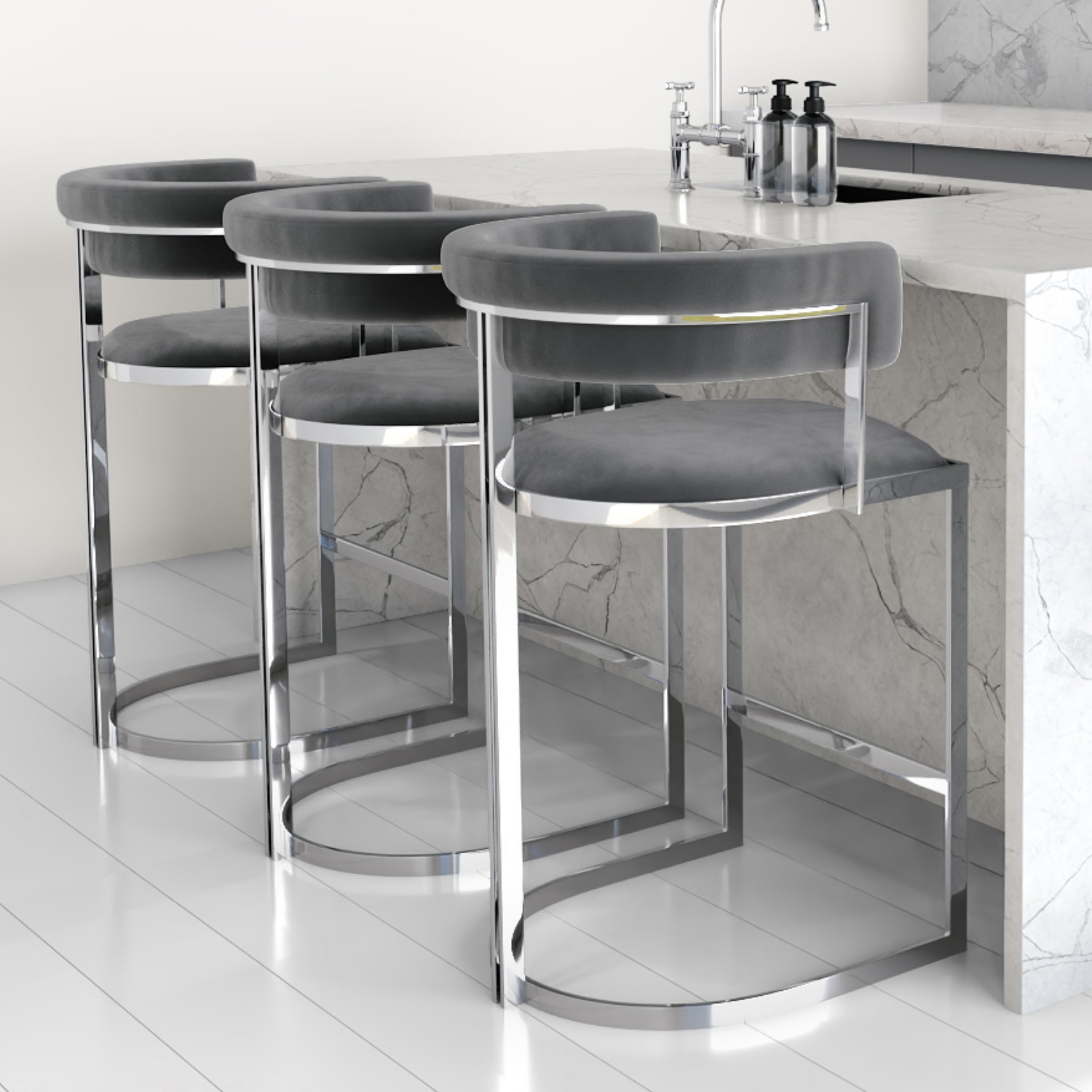 Set of 3 Grey Velvet Kitchen Stools with Backs 66cm Alana Boutique