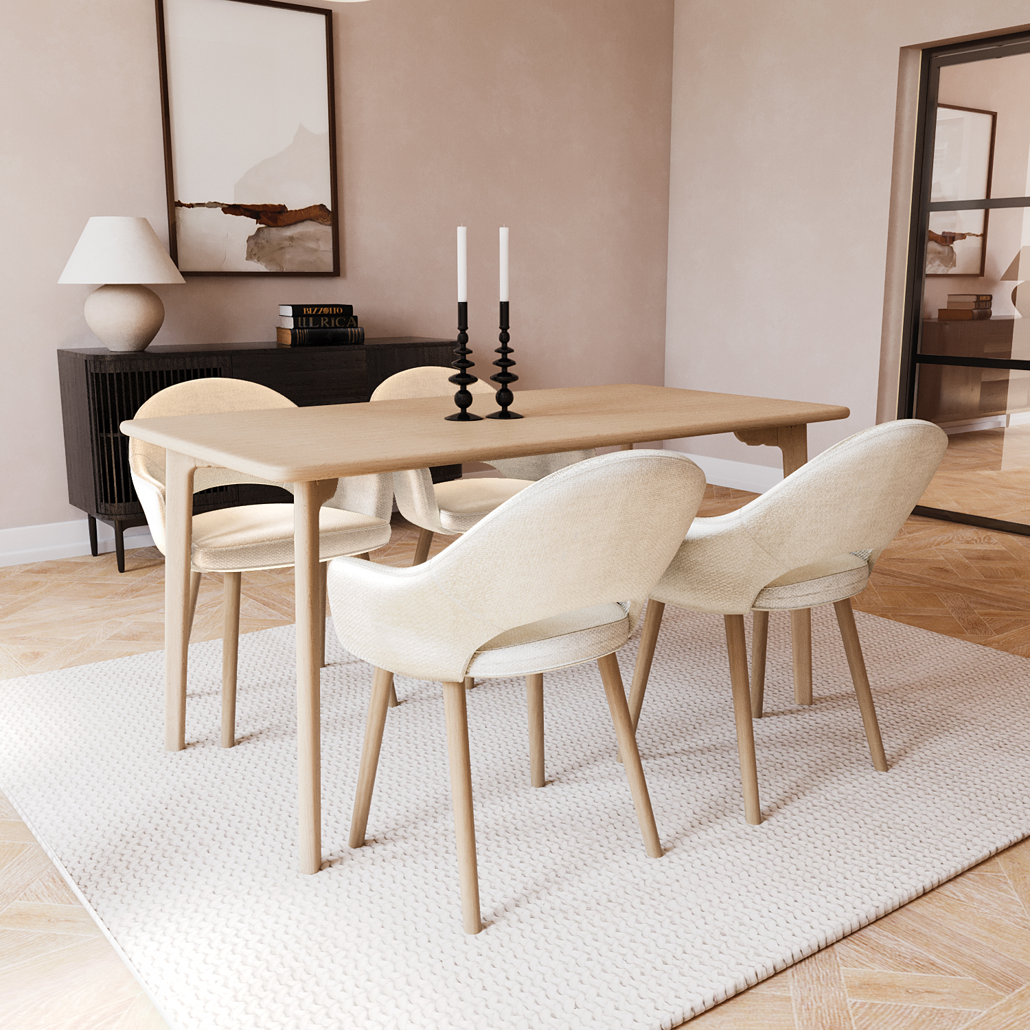 Photo of Rectangle oak dining table with 4 beige fabric dining chairs - anders