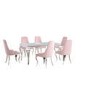 Mirrored 160cm Dining Table Set with White Glass Top & 6 Pink Velvet Chairs