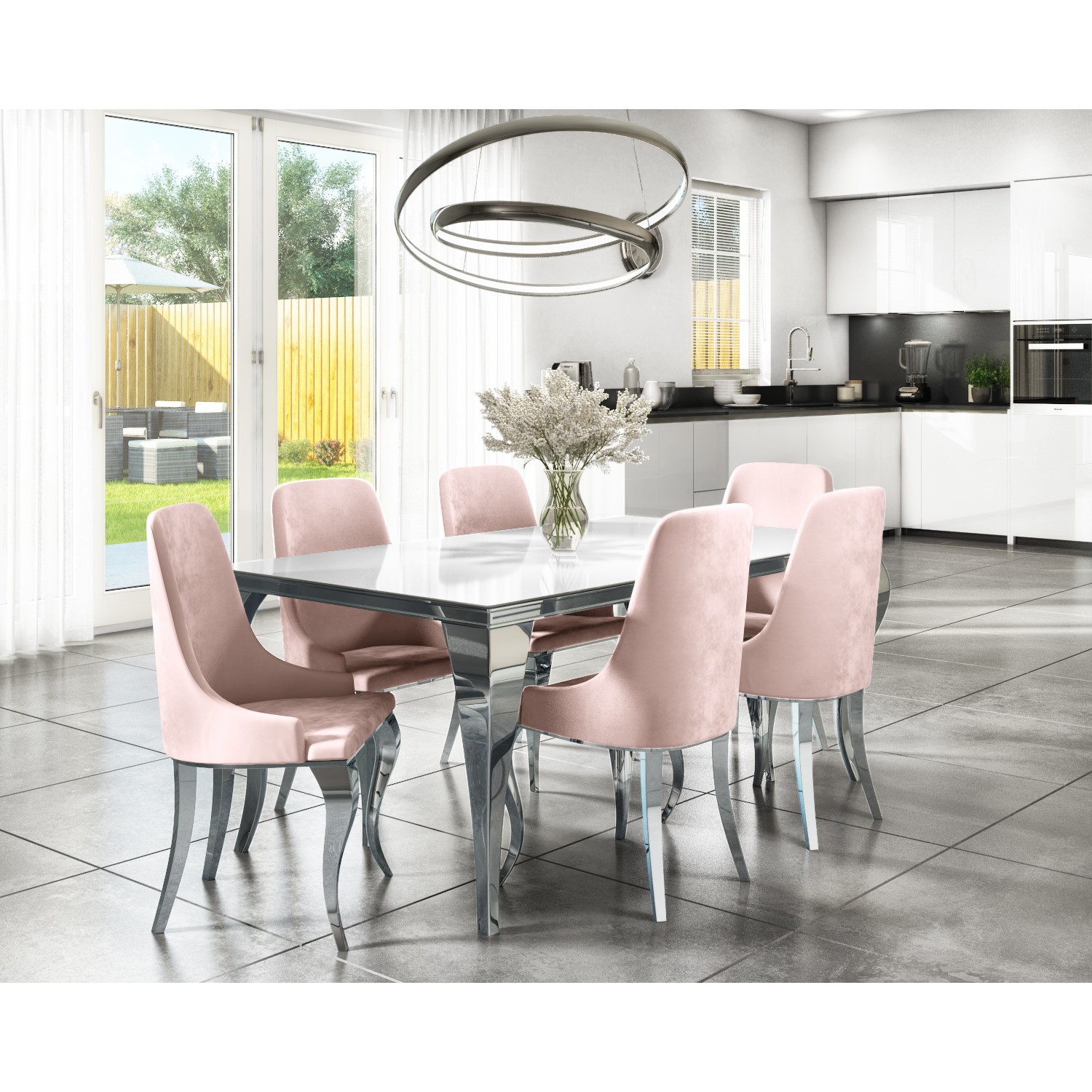 Mirrored 160cm Dining Table Set With, Baby Pink Dining Room Chairs