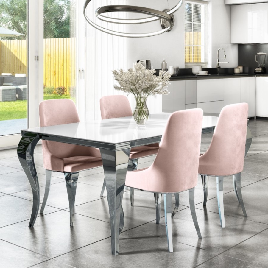 Mirrored 160cm Dining Table Set with White Glass Top & 4 Pink Velvet Chairs