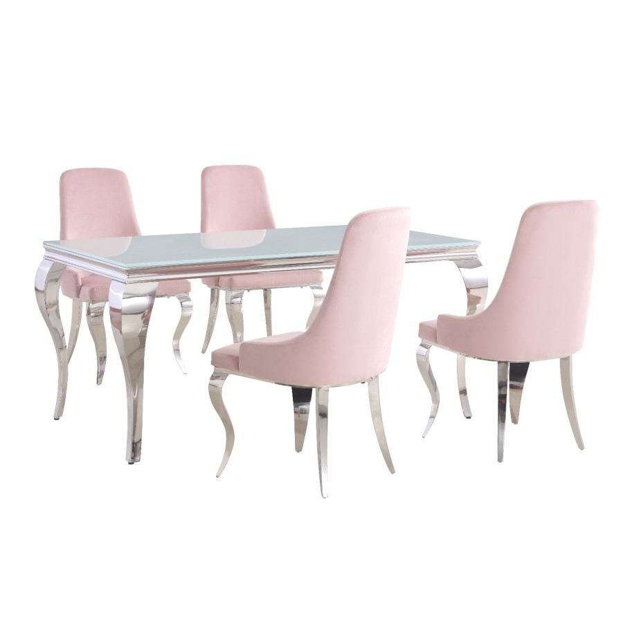 Mirrored 160cm Dining Table Set with White Glass Top & 4 Pink Velvet Chairs