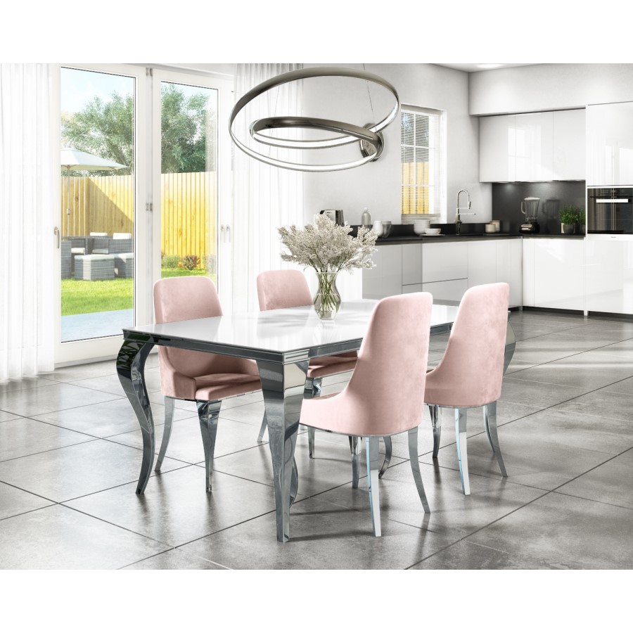 Mirrored 160cm Dining Table Set with White Glass Top & 4 Pink Velvet Chairs