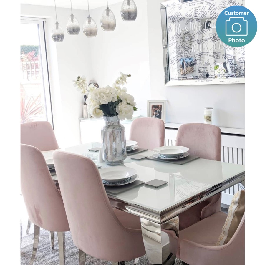 Mirrored 160cm Dining Table Set with White Glass Top & 4 Pink Velvet Chairs