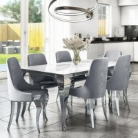 Mirrored 160cm Dining Table Set with White Glass Top & 6 Grey Velvet Chairs