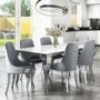 Mirrored 160cm Dining Table Set with White Glass Top & 6 Grey Velvet Chairs