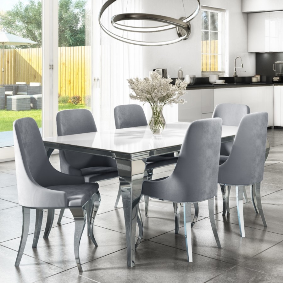 Mirrored 160cm Dining Table Set with White Glass Top & 6 Grey Velvet Chairs